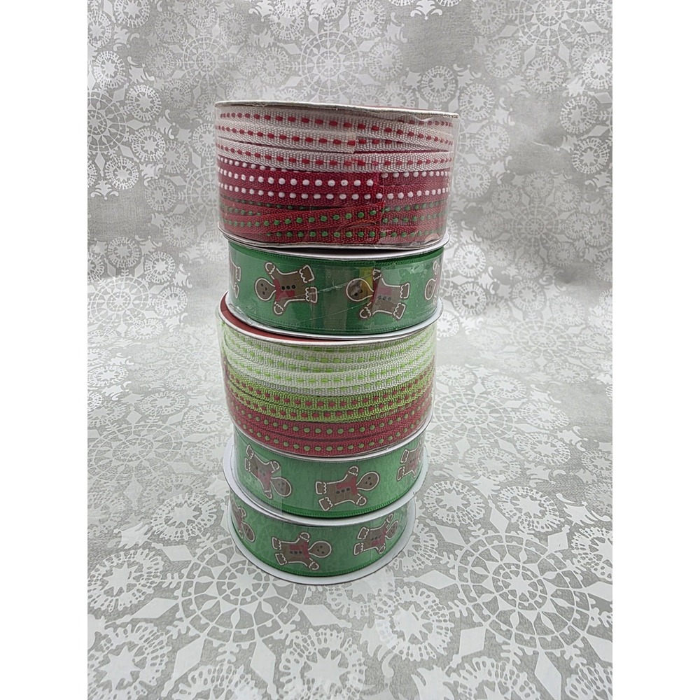 5 New Rolls Christmas Gingerbread Man Ribbon Red Green Wreath Gift Crafting